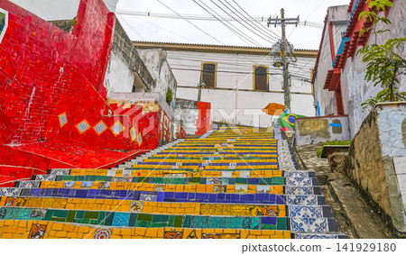 Escadaria Selaron red famous stairs staircase Rio de Janeiro Brazil. Escadaria Selaron red famous stairs staircase Rio de Janeiro Brazil. 141929180