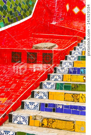 Escadaria Selaron red famous stairs staircase Rio de Janeiro Brazil. Escadaria Selaron red famous stairs staircase Rio de Janeiro Brazil. 141929184