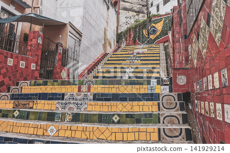 Escadaria Selaron red famous stairs staircase Rio de Janeiro Brazil. Escadaria Selaron red famous stairs staircase Rio de Janeiro Brazil. 141929214