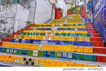 Escadaria Selaron red famous stairs staircase Rio de Janeiro Brazil. Escadaria Selaron red famous stairs staircase Rio de Janeiro Brazil. 141929221