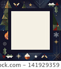 Christmas blank square frame template with abstract element geometric forms modern retro style on navy blue background 141929359