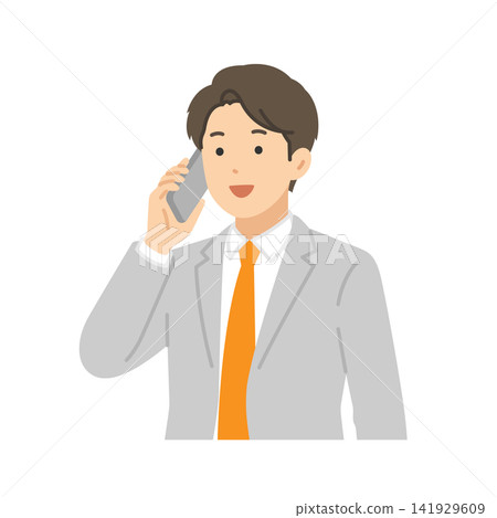 A man in a suit talking on his smartphone, flat illustration. A man in a suit talking on his smartphone, flat illustration. 141929609