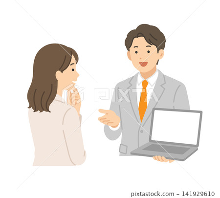 Showing documents, man in suit, flat illustration Showing documents, man in suit, flat illustration 141929610