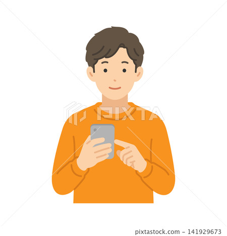 智慧型手機操作,身著休閒裝的男子,扁平化插圖 智慧型手機操作,身著休閒裝的男子,扁平化插圖 141929673