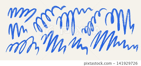 Blue brush stroke scribble set. Hand drawn pen scrawl doodle collection. Freehand rough pencil crayon squiggle pack. Messy charcoal sketch swirl bundle. Bold ballpoint curly marks. Vector Blue brush stroke scribble set. Hand drawn pen scrawl doodle collection. Freehand rough pencil crayon squiggle pack. Messy charcoal sketch swirl bundle. Bold ballpoint curly marks. Vector 141929726