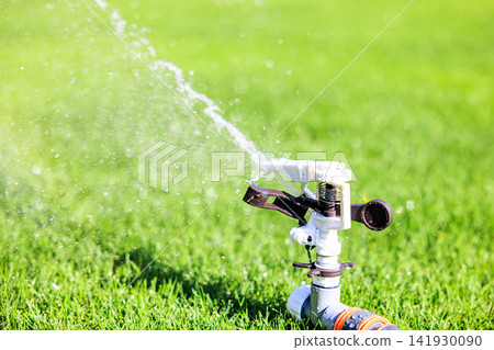 Lush green lawn and sprinkler watering on a sunny day Lush green lawn and sprinkler watering on a sunny day 141930090