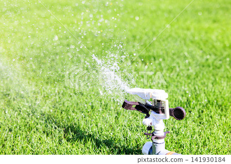 Lush green lawn and sprinkler watering on a sunny day Lush green lawn and sprinkler watering on a sunny day 141930184