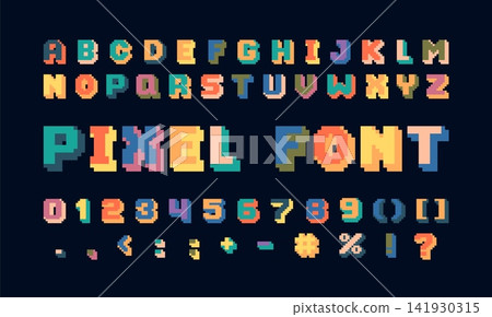 English alphabet pixel art, colorful 8 bit letters, numbers and punctuation marks, vector font typographic symbols English alphabet pixel art, colorful 8 bit letters, numbers and punctuation marks, vector font typographic symbols 141930315