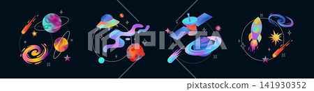 Gradient space with line art elements vector set, abstract grainy cosmic planet, star, spaceship, orbital satellite Gradient space with line art elements vector set, abstract grainy cosmic planet, star, spaceship, orbital satellite 141930352