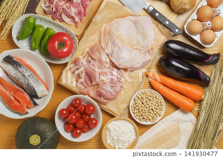 A table full of ingredients | Meat, vegetables, fish, eggs A table full of ingredients | Meat, vegetables, fish, eggs 141930477