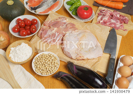 A table full of ingredients | Meat, vegetables, fish, eggs A table full of ingredients | Meat, vegetables, fish, eggs 141930479