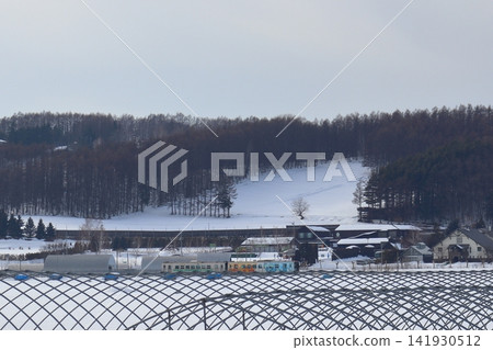 Lavender fields in midwinter and a train on the Furano Line (towards Farm Tomita) Lavender fields in midwinter and a train on the Furano Line (towards Farm Tomita) 141930512