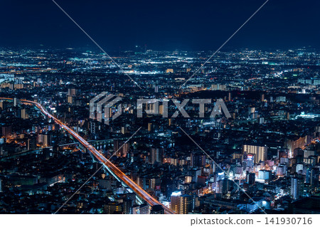 Panoramic night view of Osaka city from the Abeno Harukas (Harukas 300) observation deck. 141930716