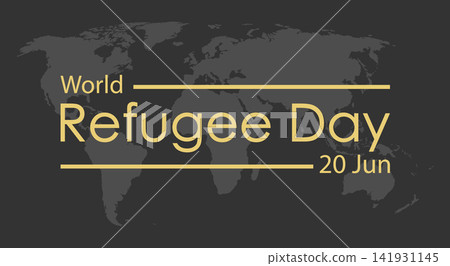 World Refugee Day. An inscription, banner, or splash screen in golden color on the background of a world map. A design element for the design of thematic material World Refugee Day. An inscription, banner, or splash screen in golden color on the background of a world map. A design element for the design of thematic material 141931145