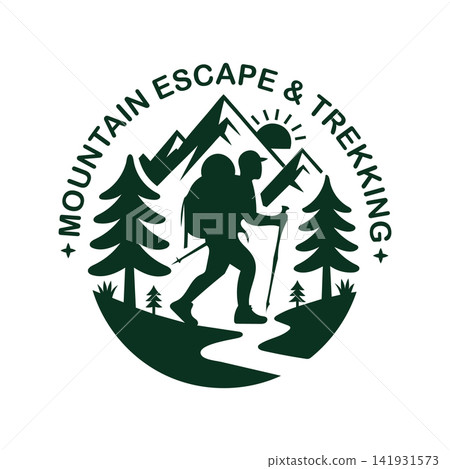 Mountain escape and trekking emblem for Ferragosto holiday celebration. Mountain escape and trekking emblem for Ferragosto holiday celebration. 141931573