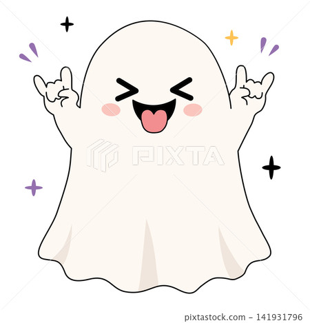 Cute happy Halloween ghost character raising hands rock n roll gesture trick or treat autumn holiday party decor sticker invitation visual graphic clipart artwork design icon Cute happy Halloween ghost character raising hands rock n roll gesture trick or treat autumn holiday party decor sticker invitation visual graphic clipart artwork design icon 141931796
