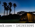 The silhouettes of a crescent moon and palm trees, and a camping tent with lights on. 141933095