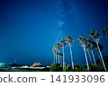 The Milky Way, palm trees, and a campsite lit by lights. 141933096
