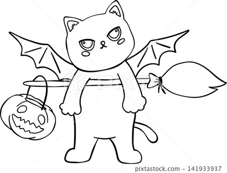 Halloween Black Cat Outline on Witch Broomstick with Pumpkin Bucket 141933937