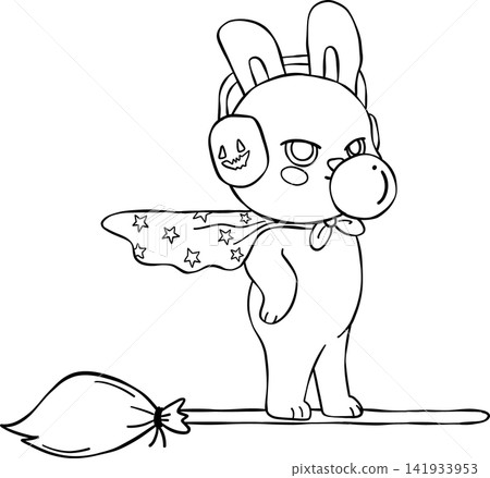 Halloween Bunny Outline Blowing Bubble Gum on Wizard Broomstick 141933953