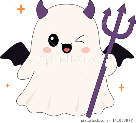 Cute Halloween devil ghost character with horns wings and pitchfork trident trick or treat autumn holiday party decor sticker invitation visual graphic clipart artwork design icon Cute Halloween devil ghost character with horns wings and pitchfork trident trick or treat autumn holiday party decor sticker invitation visual graphic clipart artwork design icon 141933977
