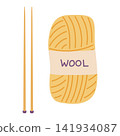Knitting vector illustration set. Yellow wool yarn skein with label and wooden knitting needles isolated on white background. Needlework, handicraft hobby tools and supplies in minimalist flat style 141934087