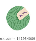 Wool yarn ball vector illustration. Cozy calm green ball of yarn with label isolated on white background. Hobby supply in flat style for knitting, crochet, handicraft, needlework 141934089