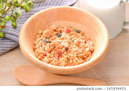 Breakfast cereal (granola and milk). Breakfast cereal (granola and milk). 141934433