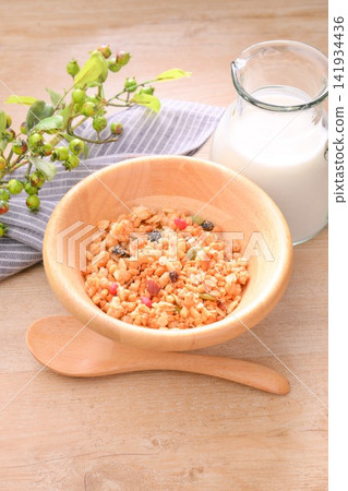 Breakfast cereal (granola and milk). Breakfast cereal (granola and milk). 141934436
