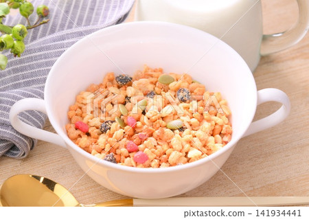 Breakfast cereal (granola and milk). Breakfast cereal (granola and milk). 141934441