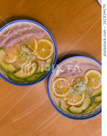 Creative ramen with avocado and citrus Creative ramen with avocado and citrus 141934479