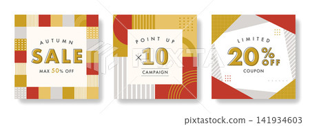 Autumn Sale Banner 3-Piece Set: Memphis Pattern, Geometric Design, Point-Up, Coupon, Promotional Design Autumn Sale Banner 3-Piece Set: Memphis Pattern, Geometric Design, Point-Up, Coupon, Promotional Design 141934603