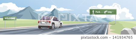Horizontal of white car driving on direct asphalt road. Highway through a scenic mountain landscape with a welcome sign and a road direction sign under blue sky. Travel towards your destination. Horizontal of white car driving on direct asphalt road. Highway through a scenic mountain landscape with a welcome sign and a road direction sign under blue sky. Travel towards your destination. 141934765