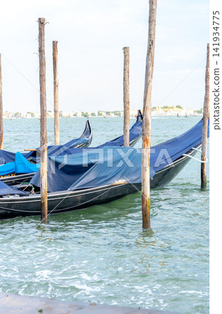 Covered gondolas moored between wooden poles on bright Venetian lagoon water Covered gondolas moored between wooden poles on bright Venetian lagoon water 141934775