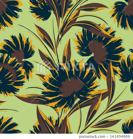 Abstract seamless botanical pattern of painterly brush stroke flowers and leaves in yellow and navy green for fashion textile and wallpaper. Abstract seamless botanical pattern of painterly brush stroke flowers and leaves in yellow and navy green for fashion textile and wallpaper. 141934909