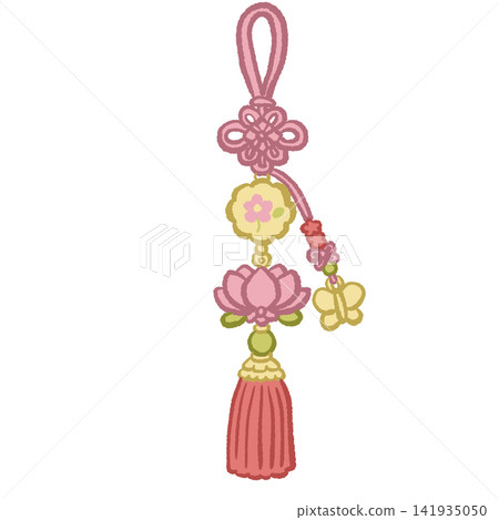 Cute Korean Norigae Ornament with Pink Lotus Flower Butterfly Charm and Traditional Tassel Illustration Cute Korean Norigae Ornament with Pink Lotus Flower Butterfly Charm and Traditional Tassel Illustration 141935050