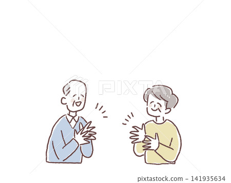 Elderly men and women smiling and applauding Elderly men and women smiling and applauding 141935634