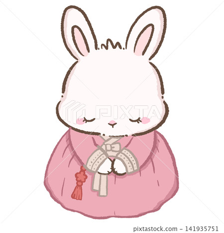 Cute Chibi Bunny in Pink Korean Hanbok Bowing with Hands Together Traditional Korean Greeting Illustration Cute Chibi Bunny in Pink Korean Hanbok Bowing with Hands Together Traditional Korean Greeting Illustration 141935751