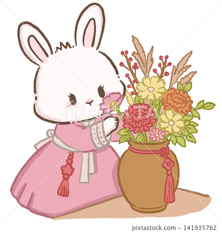 Cute Chibi Bunny in Pink Korean Hanbok Arranging Colorful Chuseok Harvest Flowers in Vase Illustration Cute Chibi Bunny in Pink Korean Hanbok Arranging Colorful Chuseok Harvest Flowers in Vase Illustration 141935762