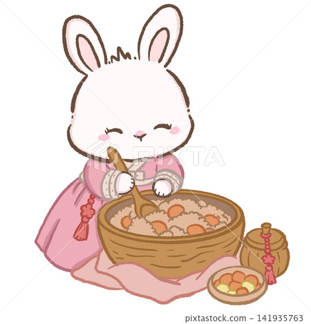 Cute Chibi Bunny in Pink Korean Hanbok Making Traditional Korean Songpyeon Rice Cakes Chuseok Illustration Cute Chibi Bunny in Pink Korean Hanbok Making Traditional Korean Songpyeon Rice Cakes Chuseok Illustration 141935763
