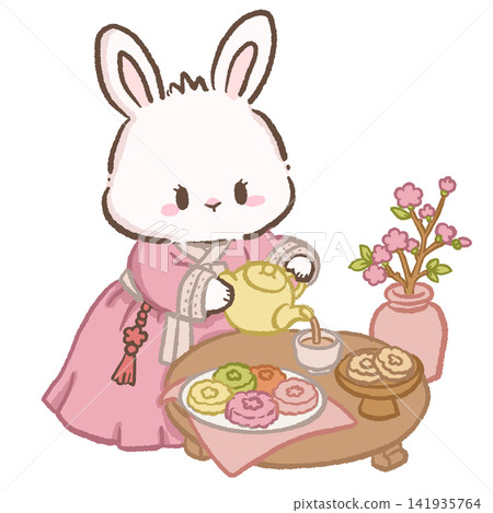 Cute Chibi Bunny in Pink Korean Hanbok Pouring Tea with Traditional Korean Sweets and Blossom Vase Illustration Cute Chibi Bunny in Pink Korean Hanbok Pouring Tea with Traditional Korean Sweets and Blossom Vase Illustration 141935764