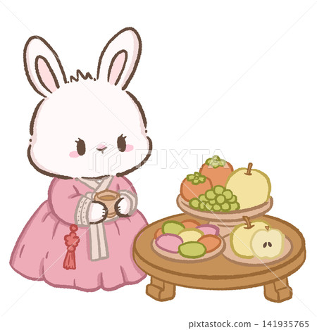 Cute Chibi Bunny in Pink Korean Hanbok with Chuseok Fruit Table Songpyeon Pear Persimmon and Grapes Illustration 141935765