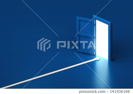 3D white arrow moving through open door with bright glowing light in isometric view. Minimalist opportunity concept suited for new entrance beginning or career path exploration illustration 3D white arrow moving through open door with bright glowing light in isometric view. Minimalist opportunity concept suited for new entrance beginning or career path exploration illustration 141936166