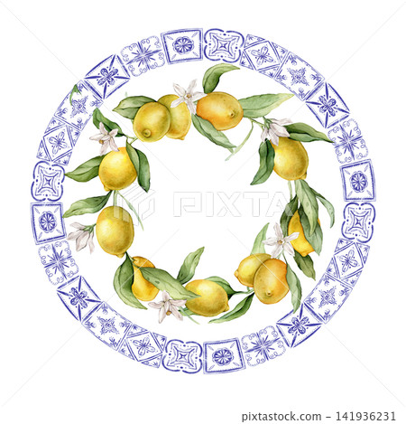 Watercolor illustration of branch lemons and lush green leaves and white flowers, perfectly framed by a circular border of decorative blue tiles for plate or packaging, kitchen decor, greeting cards Watercolor illustration of branch lemons and lush green leaves and white flowers, perfectly framed by a circular border of decorative blue tiles for plate or packaging, kitchen decor, greeting cards 141936231