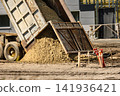 A dump truck releases a load of sand at a construction site. Workers are preparing the area for building work. The scene shows the busy environment 141936421