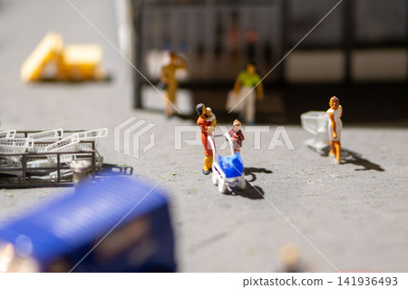 Miniature shoppers and mother with stroller outside supermarket entrance in sunlight Miniature shoppers and mother with stroller outside supermarket entrance in sunlight 141936493