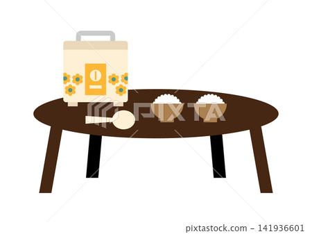An illustration of a Showa-era retro rice cooker, low table, and rice. An illustration of a Showa-era retro rice cooker, low table, and rice. 141936601