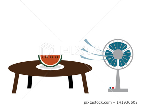 An illustration of a Showa-era retro low table, watermelon, and electric fan. An illustration of a Showa-era retro low table, watermelon, and electric fan. 141936602