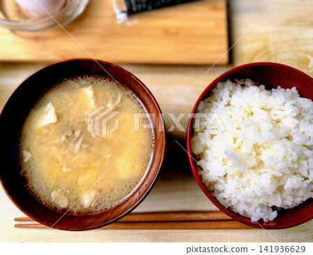 A healthy Japanese breakfast of white rice and miso soup. A healthy Japanese breakfast of white rice and miso soup. 141936629