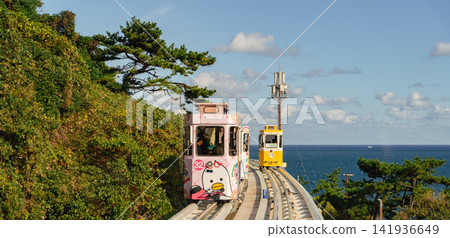 Haeundae Blueline Park, Busan, South Korea - Nov. 11, 2024: Sky Capsule trains. Haeundae Blueline Park, Busan, South Korea - Nov. 11, 2024: Sky Capsule trains. 141936649